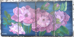 Wild Roses Original 4 Wood Panel Set Oil Paintings Wall Art 24 x 48 Total Size