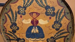 Antique Primitive Folk Art Painting on Board Round Tray Pa. Dutch Bavarian Style