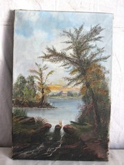 ANTIQUE FOLK ART OIL PAINTING VILLAGE BRIDGE RIVER SNOW WINTER LANDSCAPE PEOPLE