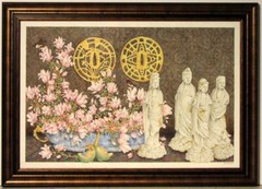 Very Large Original Gouache by Ben Black Gladioli, Butterflies and Figurines