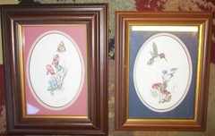 2 Small Framed Jan Mintz Originals Watercolor & Ink Flowers Bird Butterfly