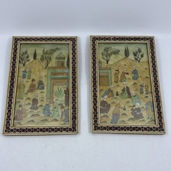Set of 2 Vintage Persian Miniature Paintings with Intricate Wooden Frames