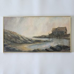 Vintage MCM Coastal Seascape Oil Painting Masonite New England Fishing Shack 60s