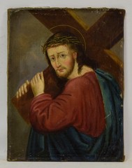 19th century – Old painting “Jesus Carrying the Cross”, oil, 13.8 x 13.6 in