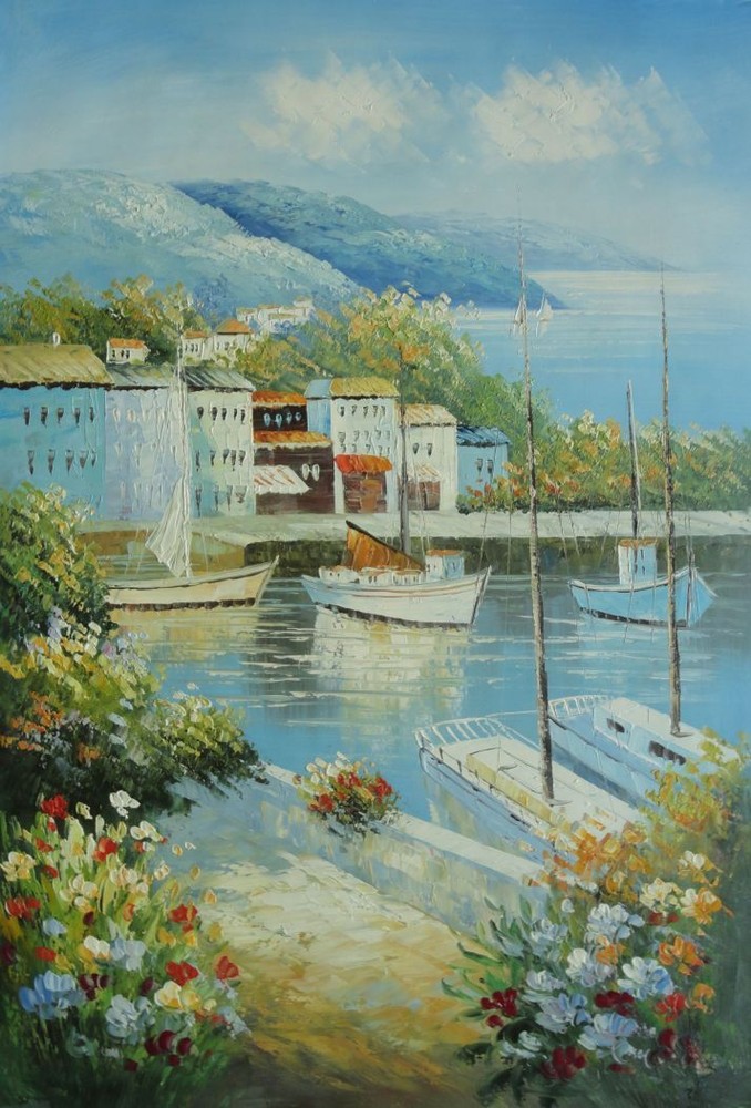 36×24 Summer Coastal White Sailing Boats in Harborside Oil Painting Naturalism