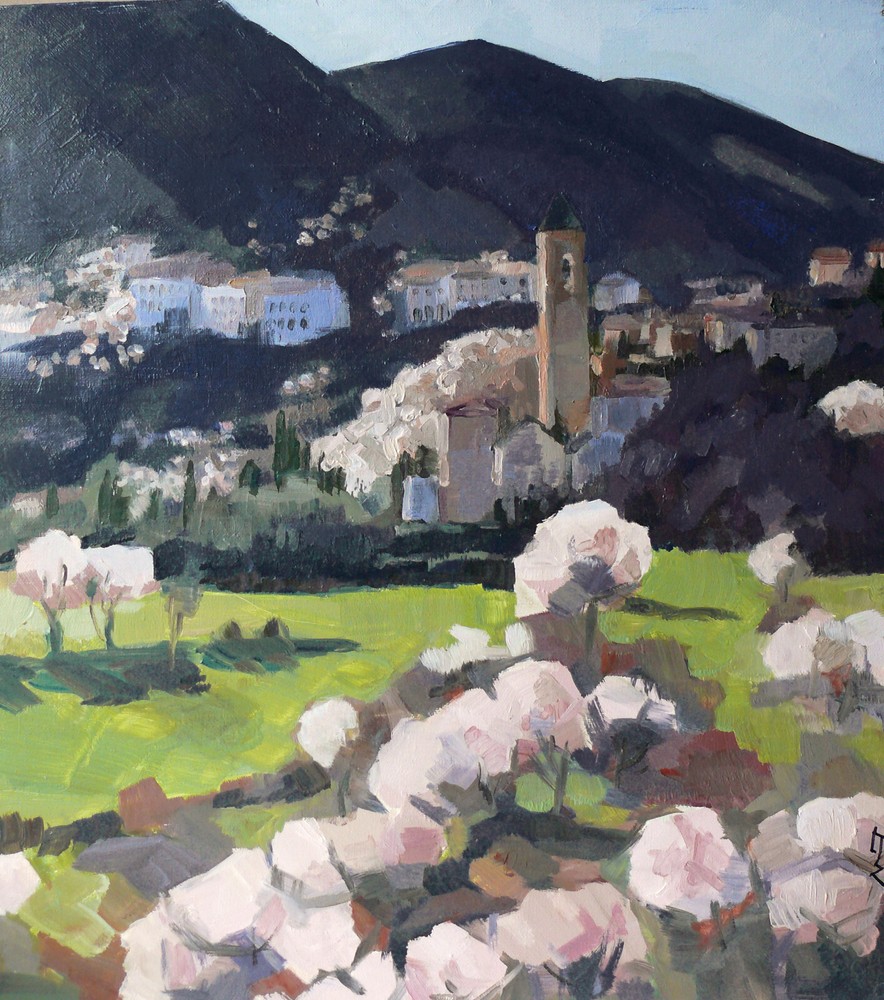 Landscape Oil Painting Original Italy Cityscape Blossom Trees Wall Art 18″х20″