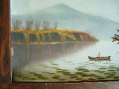 19th C. HUDSON RIVER SCHOOL Landscape w/Fisherman on Lake Oil Painting, Framed
