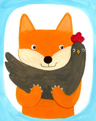 Fox & Chicken Painting, Whimsical Animal Art 8×10
