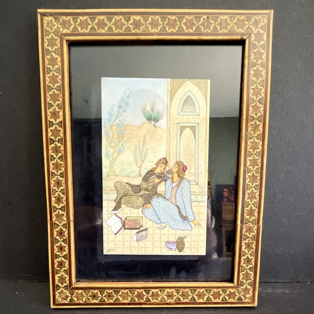 Vintage Original Persian artwork in 6.5”x8.5” Khatam inlayed mosaic frame SIGNED