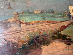 Vintage Oil Painting on Wood Panel Coastal Village Landscape 13×20.5