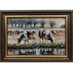 Cows River Landscape Original Oil Painting 6×4 Framed Signed Pastoral Nature Art