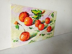 Cherries Impasto Painting Original Art Impression Oil Painting 5.5 x 8.6 in