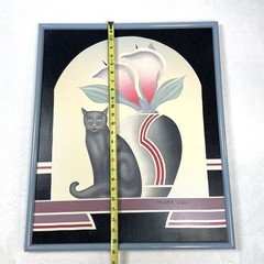 VTG 80s Michael Fishel Black Cat Calla Lily Art Deco Style Frame Painting Signed