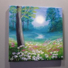 Moonlit Summer Night Landscape Acrylic Painting Original Floral Nature Art 8×8
