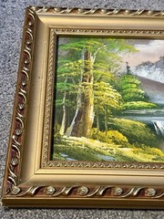 VTG Bob Ross Style Oil Painting Mountain Waterfall Landscape Ornate Gold Frame