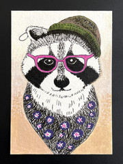 ACEO Original, Abstract Animal Raccoon, Mini Art Painting, by Annibbie