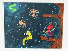 SPACE SPIDERS PILEATED WOODPECKER OUTSIDER POLITICAL ART FOLK ARTIST Jr CHARLIE
