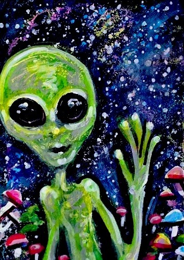 Original ACEO Painting ALIEN Mushrooms Stars ET Martian Universe UFO ATC ART