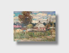 Oil painting Yard Ukrainian painter canvas Unframed original Decor landscape