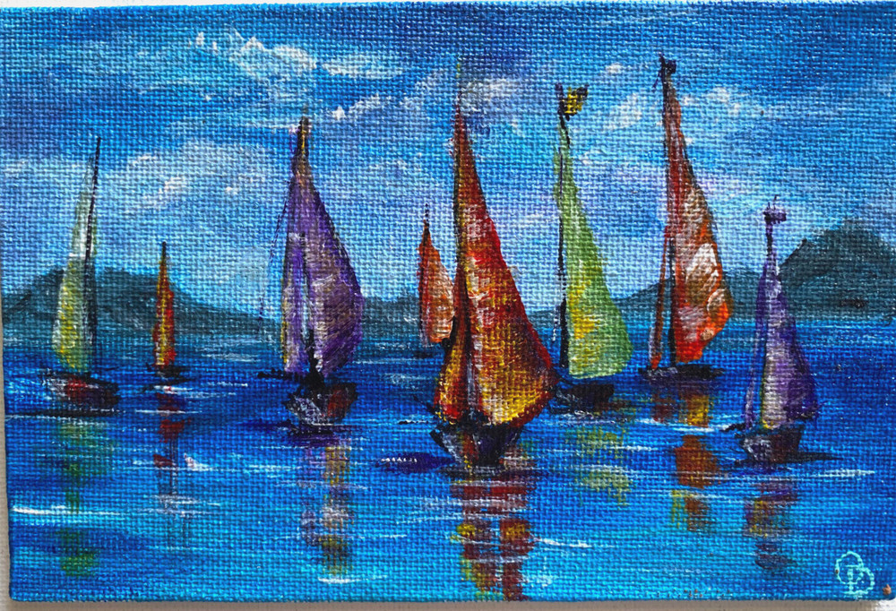 ORIGINAL Painting „SAILBOATS“ SEASCAPE Acrylic 4″x6″ by Olga Diduh.