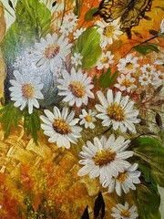 Floral Oil Painting Basket Daisies Butterflies „F. White“ Vintage 26″x22″ Framed
