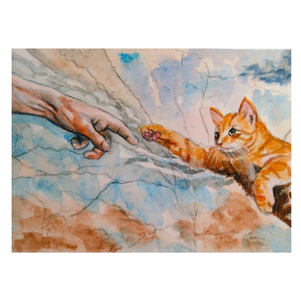 Original ACEO Cat Art Creation of Adam Watercolor Inspired OOAK Painting Animal