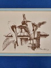 Vintage Original Signed Santorini ? Woodcut Etching 13×11 Framed Mid Century Art