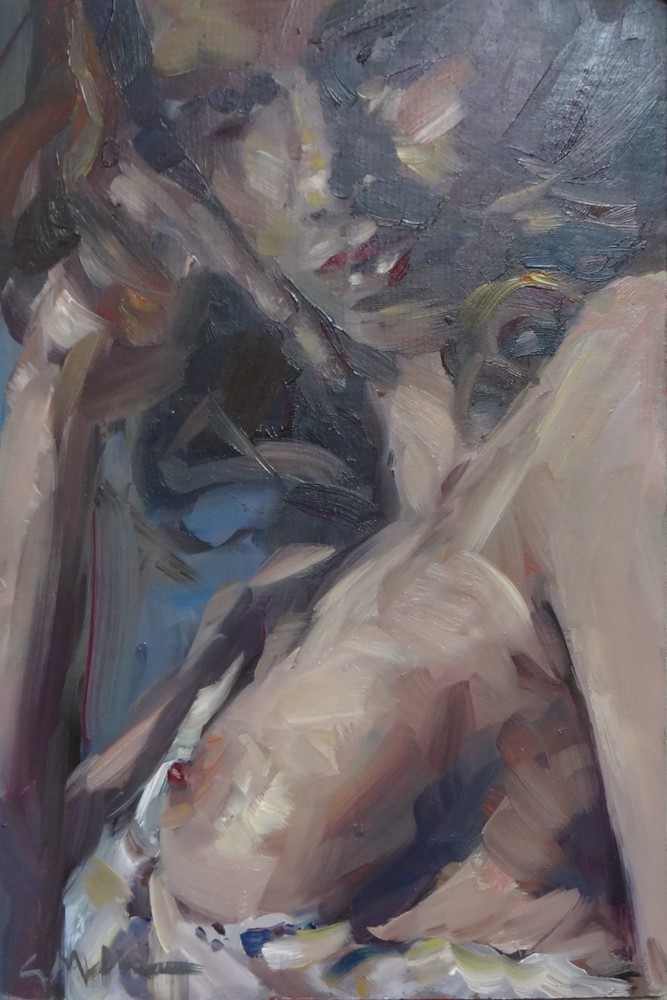 GERRY MILLER -. Original Artwork.“Woman“ oil paint on box. 19x29cm