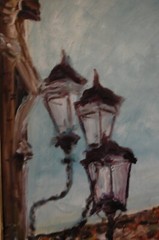 FRAMED ORIGINAL OIL BENT COLONIAL STREET LIGHTS THE AMERICAS ARTIST: HECTO VIDAL