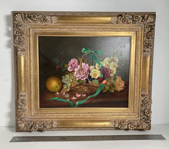 Vintage Original Oil Painting Fine Still Life Basket of Flowers and Fruit Signed