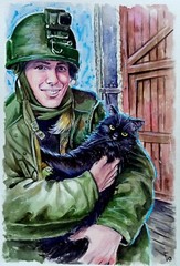 Ukrainian War Art, Soldier Woman and Cat, Watercolor Painting from Real Photo