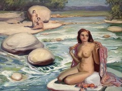 Antique Painting Pretty Woman Women Bathing River Landscape 1940’s Mystery Oil