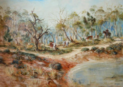 AUSTRALIAN OIL PAINTING ON BOARD ROUNDUP HARNDORF BY MAUREEN RESCHKE CIRCA 1970
