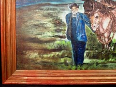 A Man and His Favorite Horses Primitive Oil Painting Signed on Canvas Panel