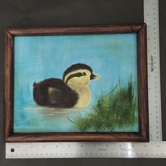 Vintage Baby Duck, Duckling Swimming In Pond, Painting On Canvas + Frame 1970’s?