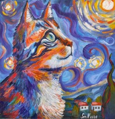 Original Conceptual Painting Cat Portrait Van Gogh Stile Signed Artist Work OOAK