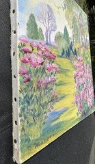 VTG Original Pink Flower GARDEN LANDSCAPE Linen Nailhead 10.75×12.75” Signed