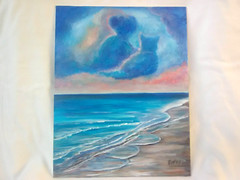 Original Acrylic Painting 11×14 Canvas Beach Ocean Surreal Cat Clouds Art
