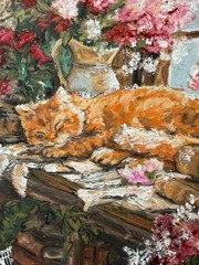 Orange Cat Original Art Still Life Wall Art Animal Oil Pastels Art Flowers Art