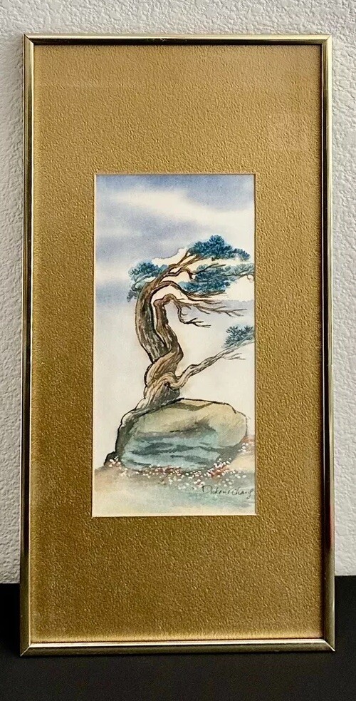 SIGNED Dickens Chang Original Landscape Framed Watercolor. Tree In The Wind