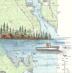PRINT „Lobster Boat Acadia“ National Park 8x8x1 PRINT of orignal, Map on Wood