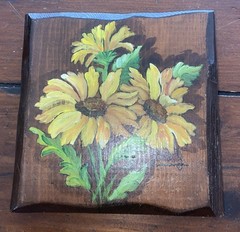 Small Sunflower Painting On Wood Plaque 5 1/2 X 5 1/2