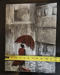 Hand Painted Wall Art „Red Umbrella“ Urban City Scene Black White Red 12″ x 16″
