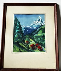 Vtg „Swiss Village“ by Gibney – Mountain Landscape, Alps-Watercolor Painting
