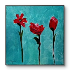 Mary Myers Original Red Abstract Trio Flowers Teal Acrylic Painting 12×12