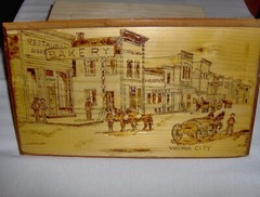 Old Virginia City Main Street Town Picture Burnt into Wood