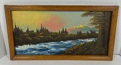 VTG Framed Original Oil Painting Mountains River Trees Sunset 16.75″x8.75″