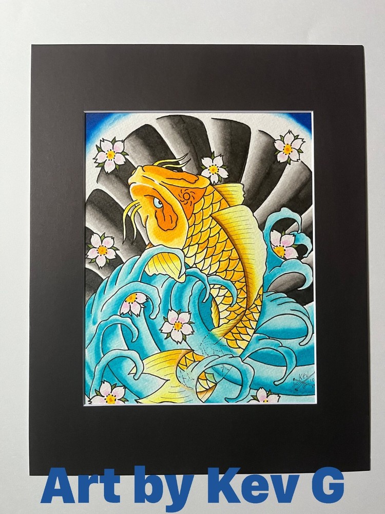 Original Watercolor Golden Koi Fish Japanese Art Tattoo Style Painting by Kev G