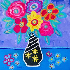 Original Abstract Painting Collectible Flowers Black Vase 14″ x14″ Jeri Dube