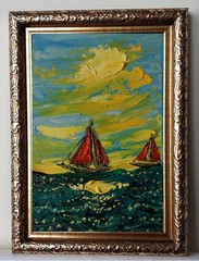 Framed Red Sails Seascape Sunset Sailboat 4×6″ Impasto Oil Painting Original